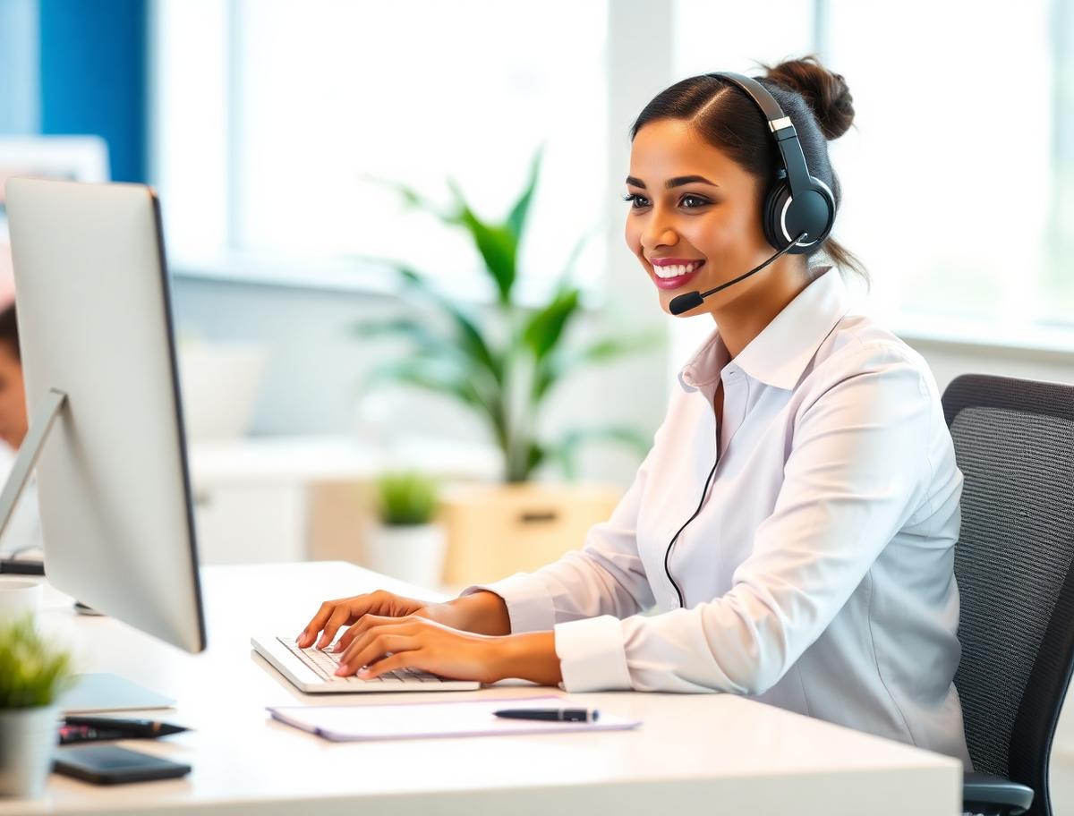 Smiling support specialist with a headset replying at a bright desk