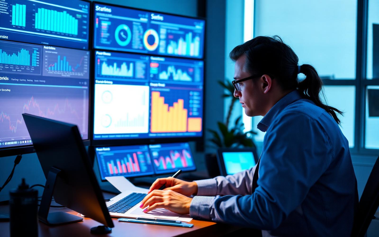 Analyst reviewing performance charts in a bright meeting room