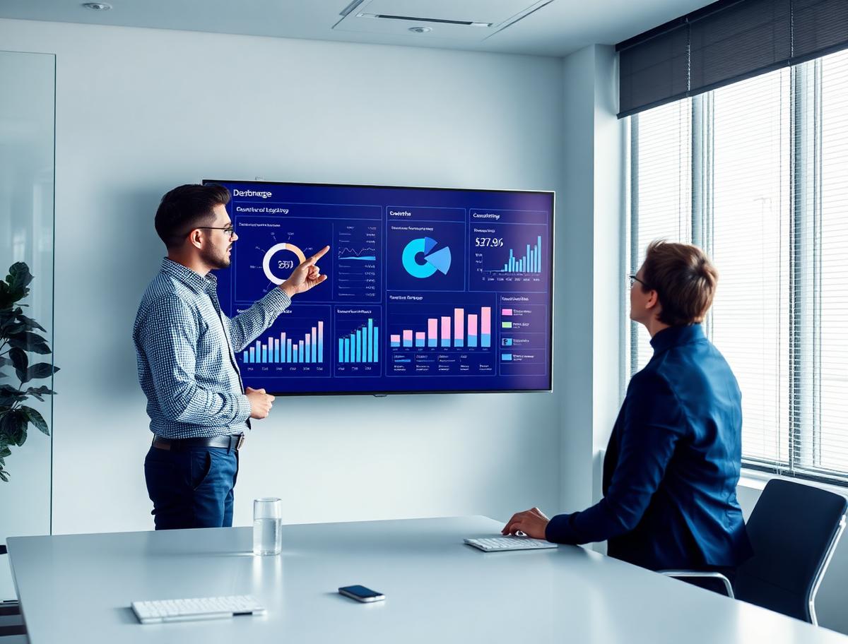Analyst presenting a dashboard to colleagues in a bright meeting room