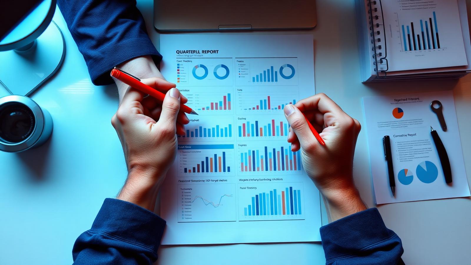 Bright boardroom mid-review with charts on the screen