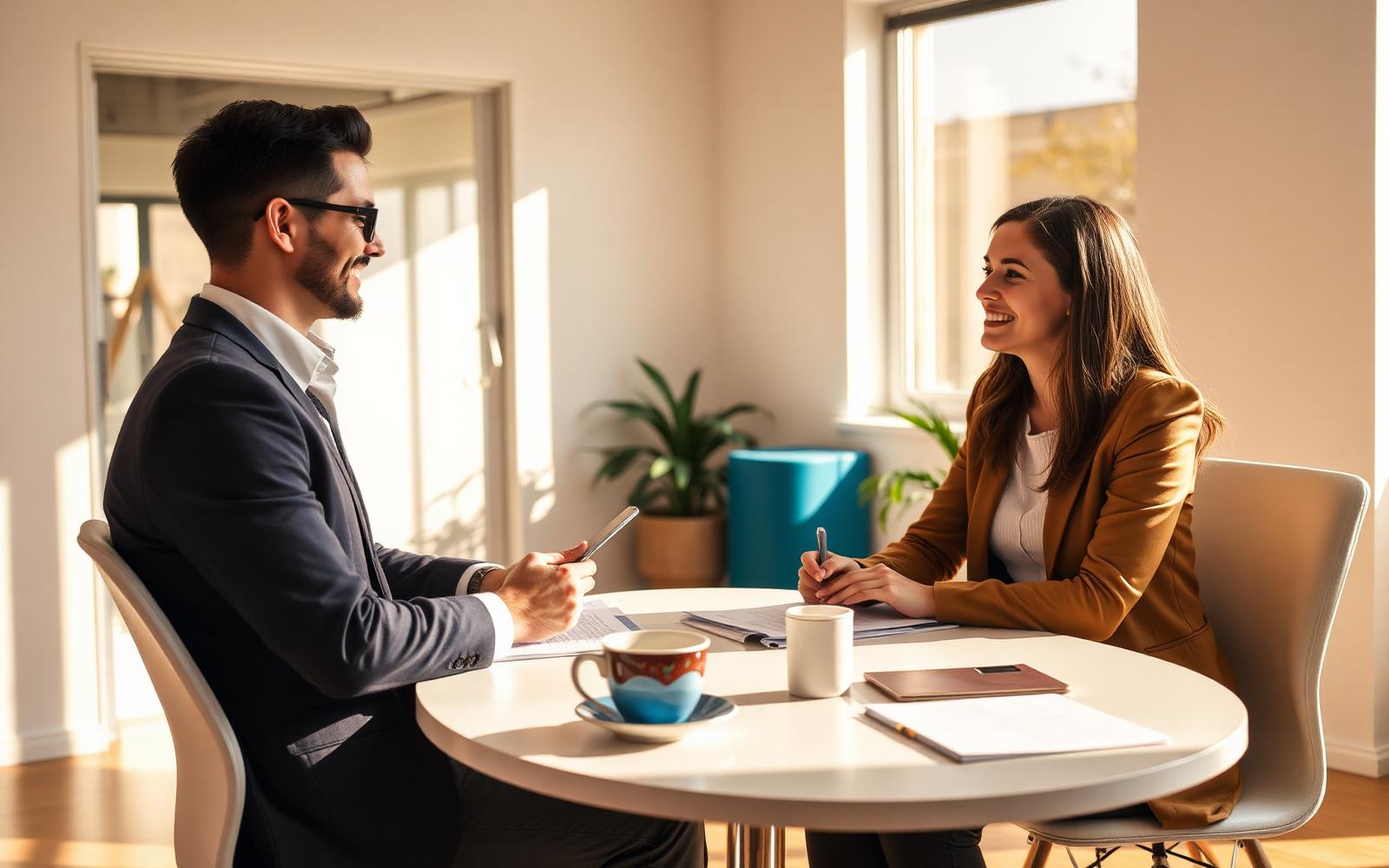 Hiring manager interviewing a candidate in a bright office