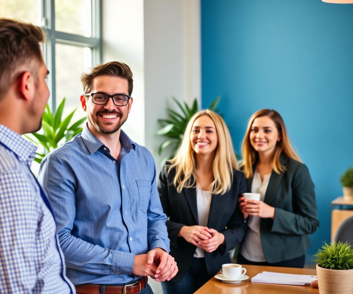 Colleagues welcoming a new starter in a bright office