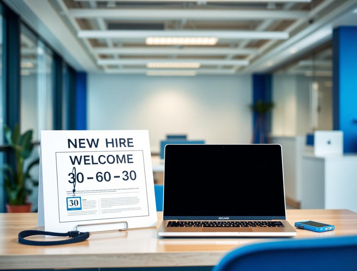 New hire welcome desk with a printed 30-60-90 plan and laptop