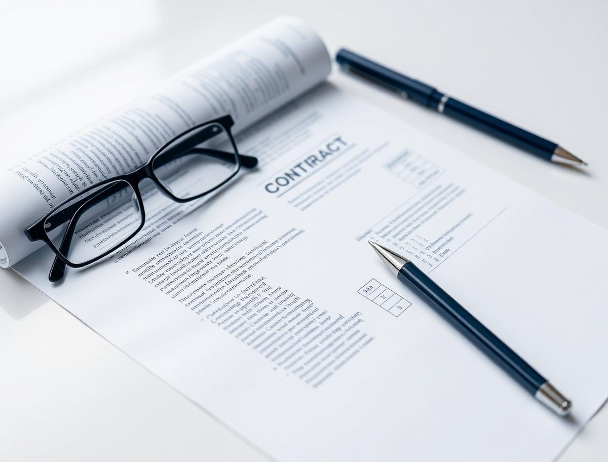 Contract pages with highlighted clauses, glasses and a pen