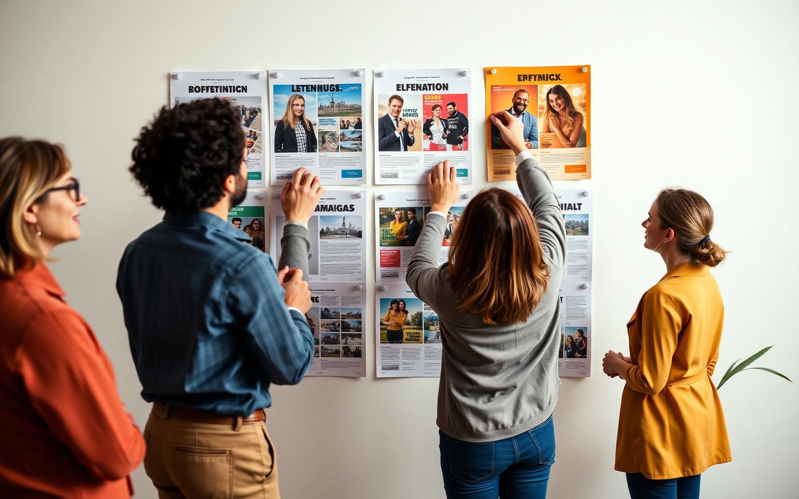 Marketer laying out campaign copy on a bright studio desk