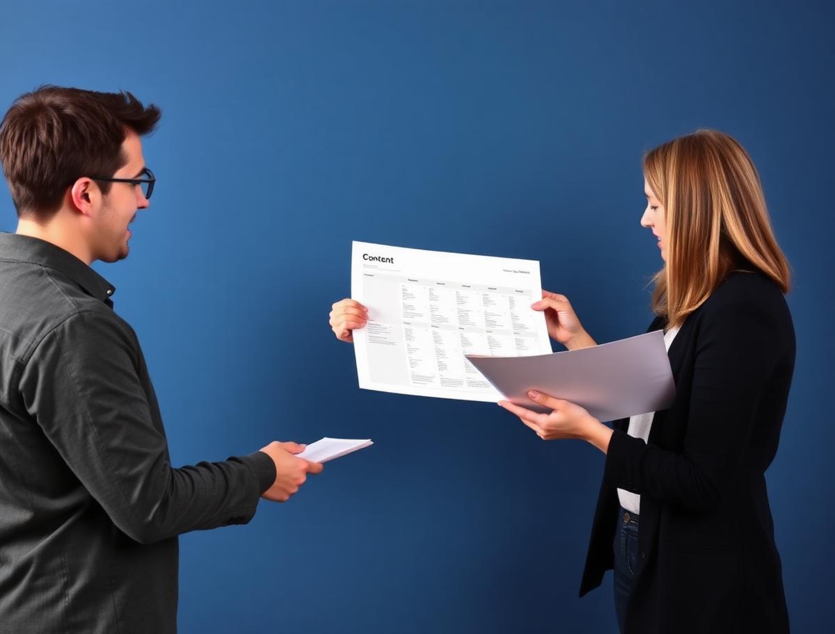 Two marketers reviewing printed landing page mockups