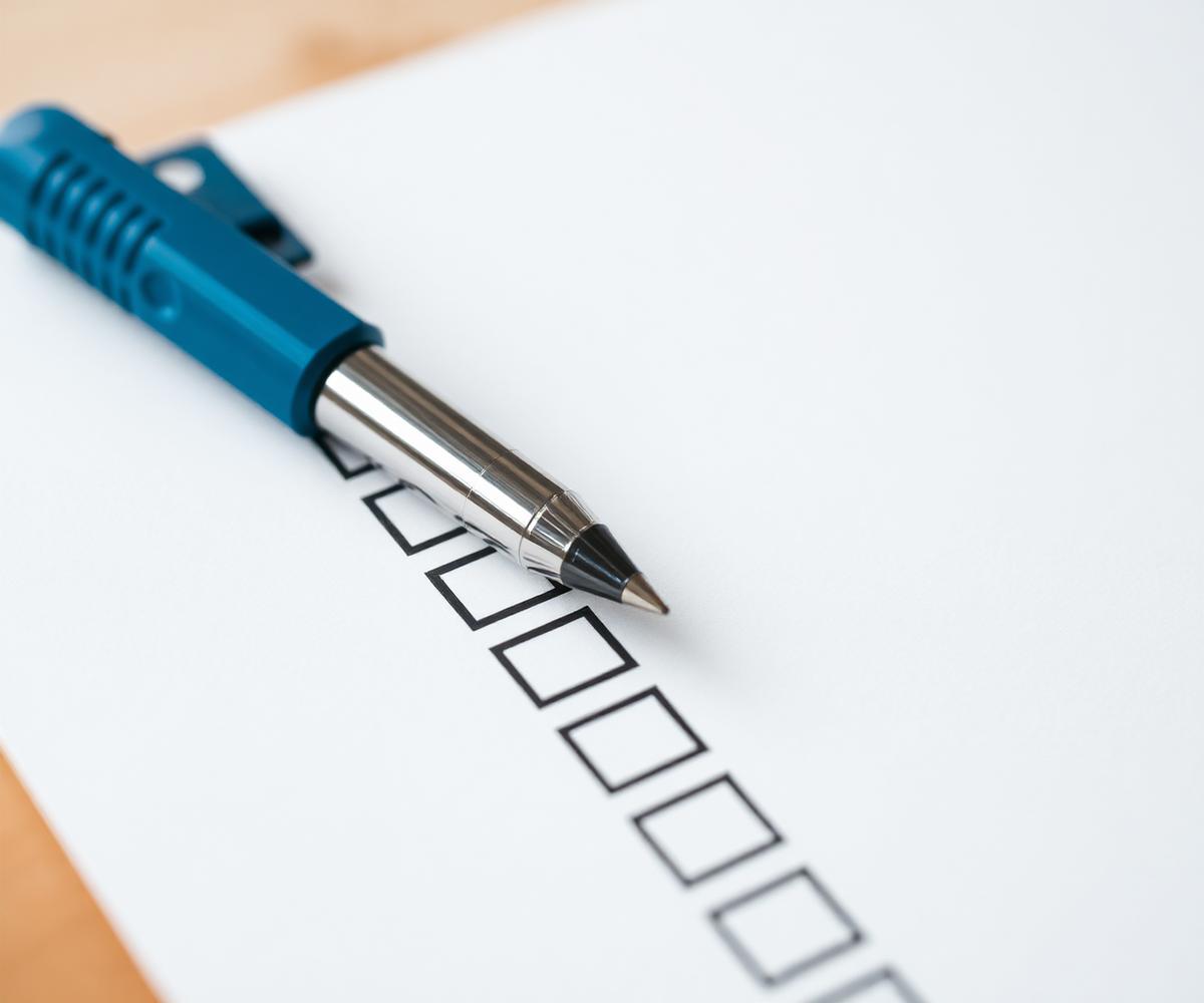 Printed checklist being ticked off on a clean desk