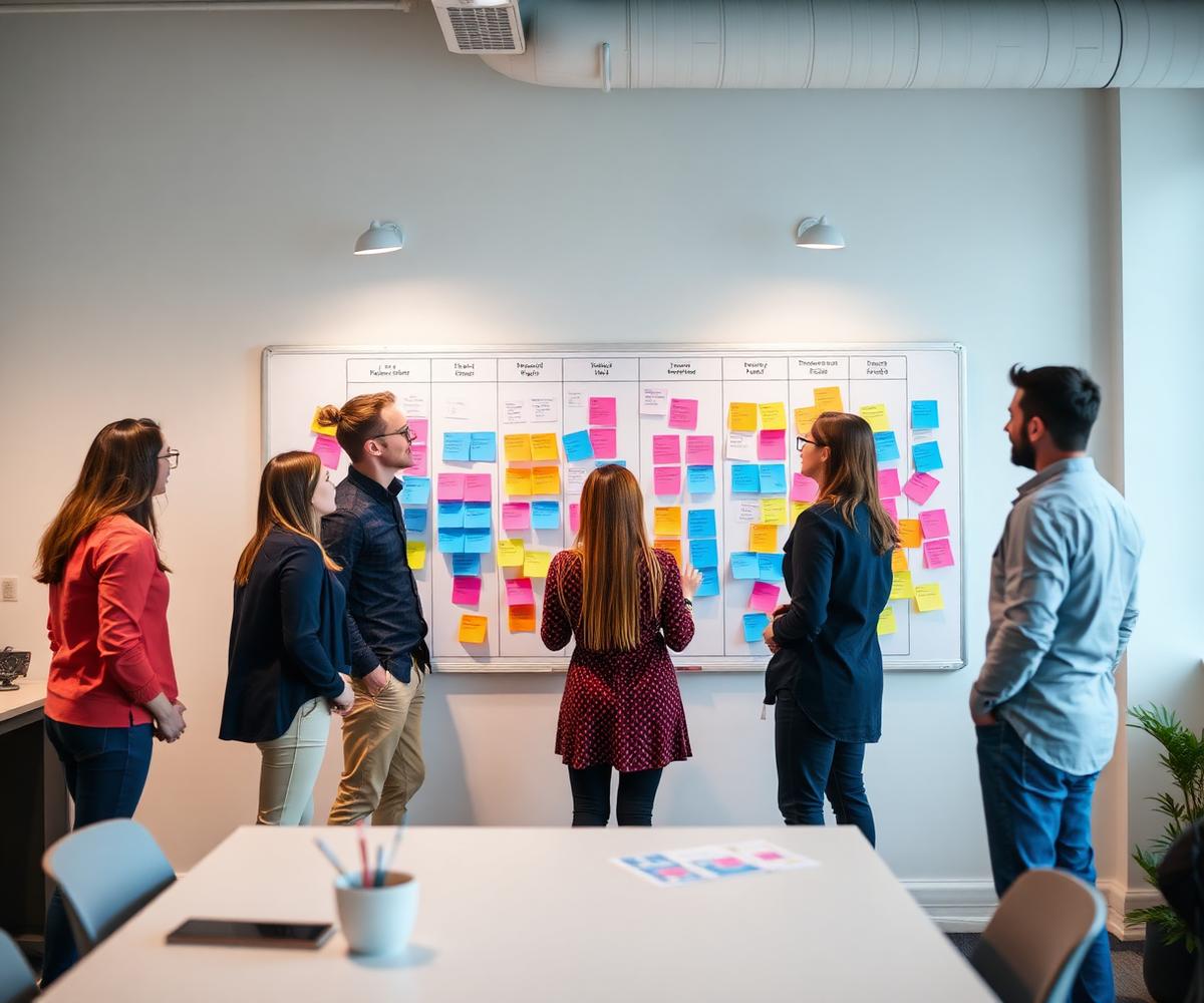 Team reviewing owners and dates on a project board