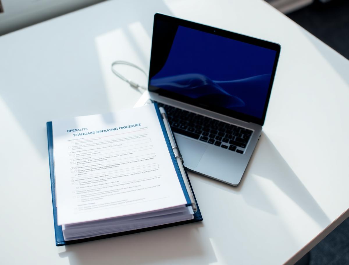 Standard operating procedure binder beside a laptop on a bright desk