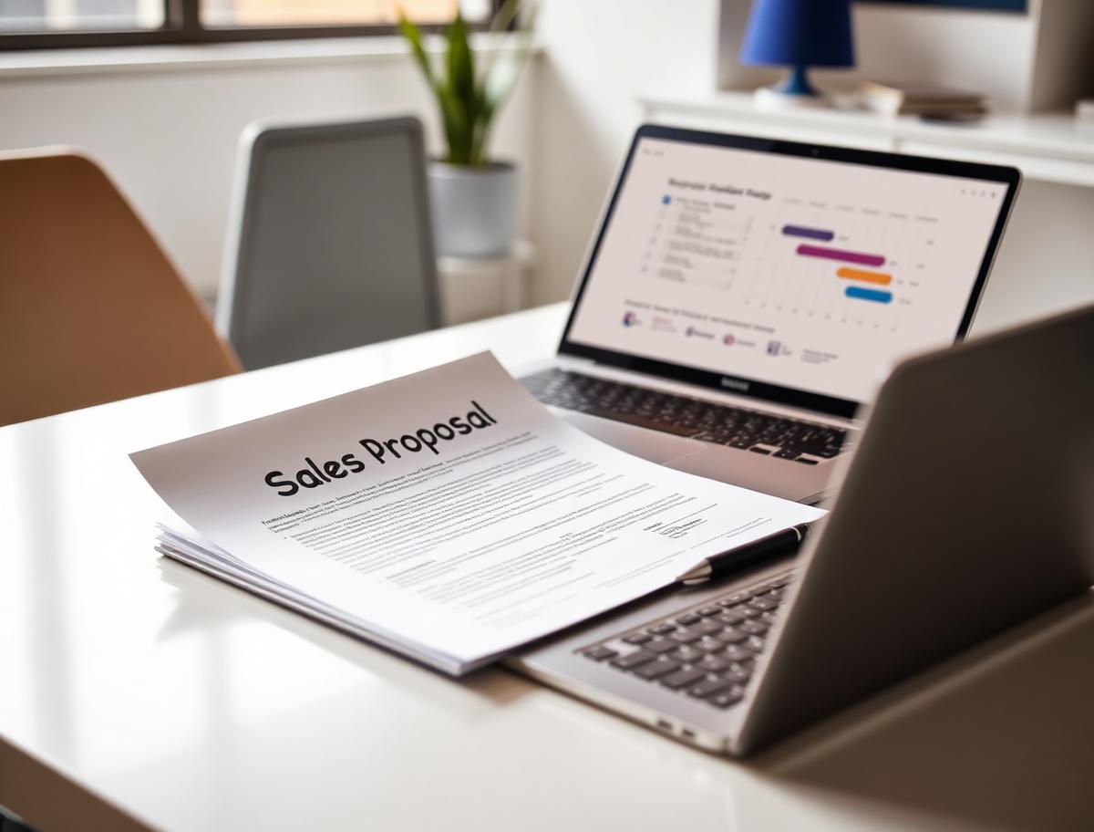 Signed sales proposal and laptop showing a pipeline on a bright desk